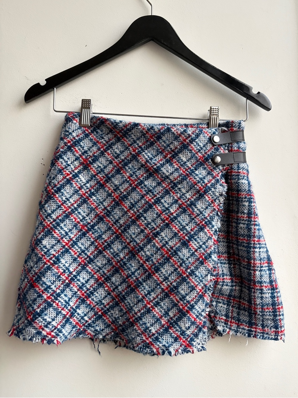 Urban Outfitters Plaid Wool Mini Skirt Blue/White/Red w/ Wrap Front + Slit XS